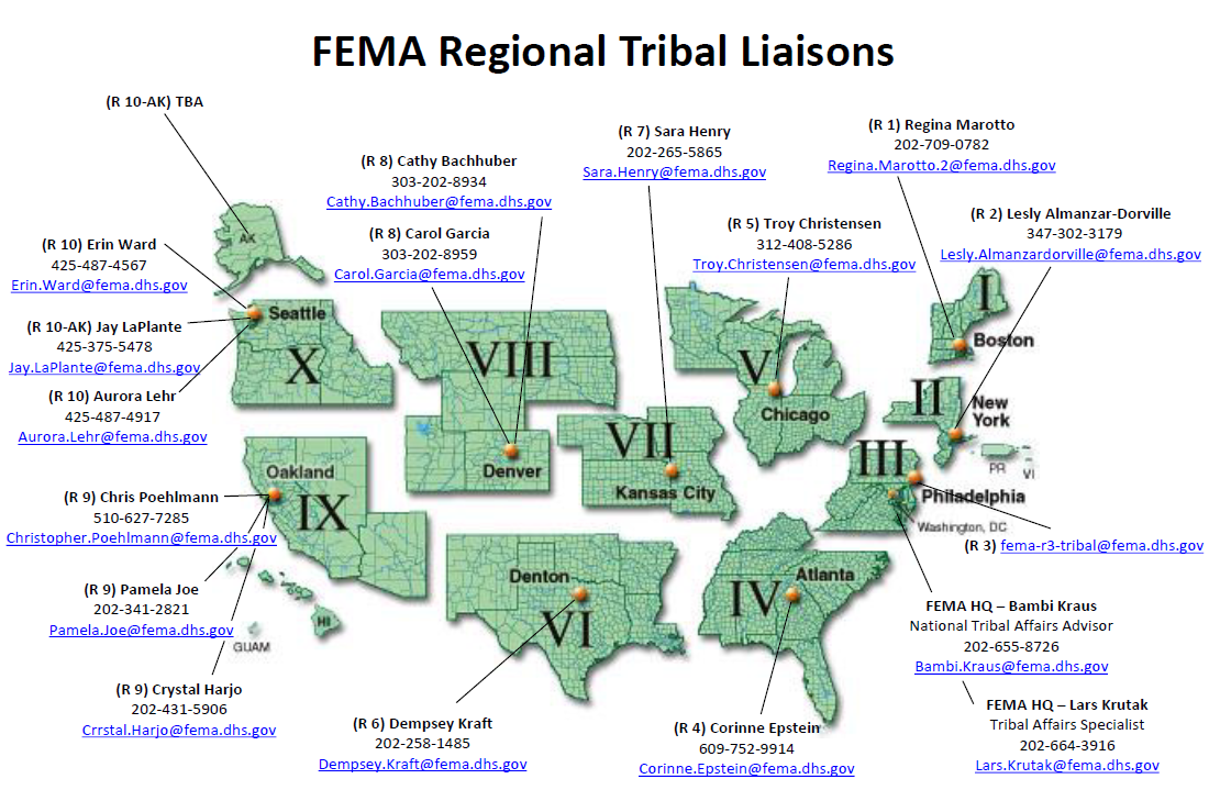 Map of FEMA Regions accompanied by contact information.  Each Region and the associated contact information found within this image can be found at the following URL: http://training.fema.gov/Tribal/_assets/FEMA_HQ_Regional_Tribal_Liaisons.pdf
