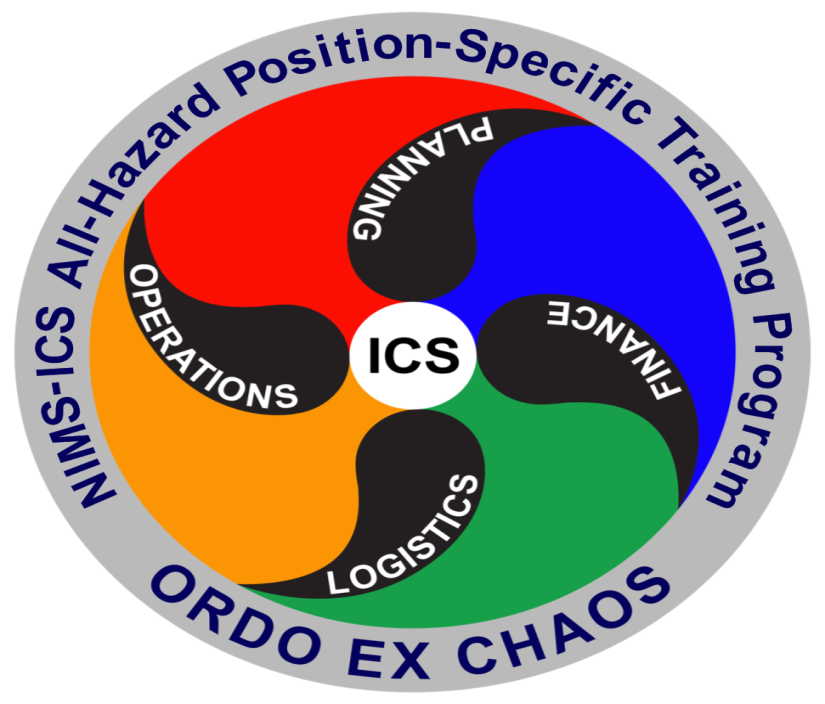 NIMS-ICS All-Hazard Position-Specific Training Program Logo - ORDO EX CHAOS - Planning, Finance, Logistics, Operations