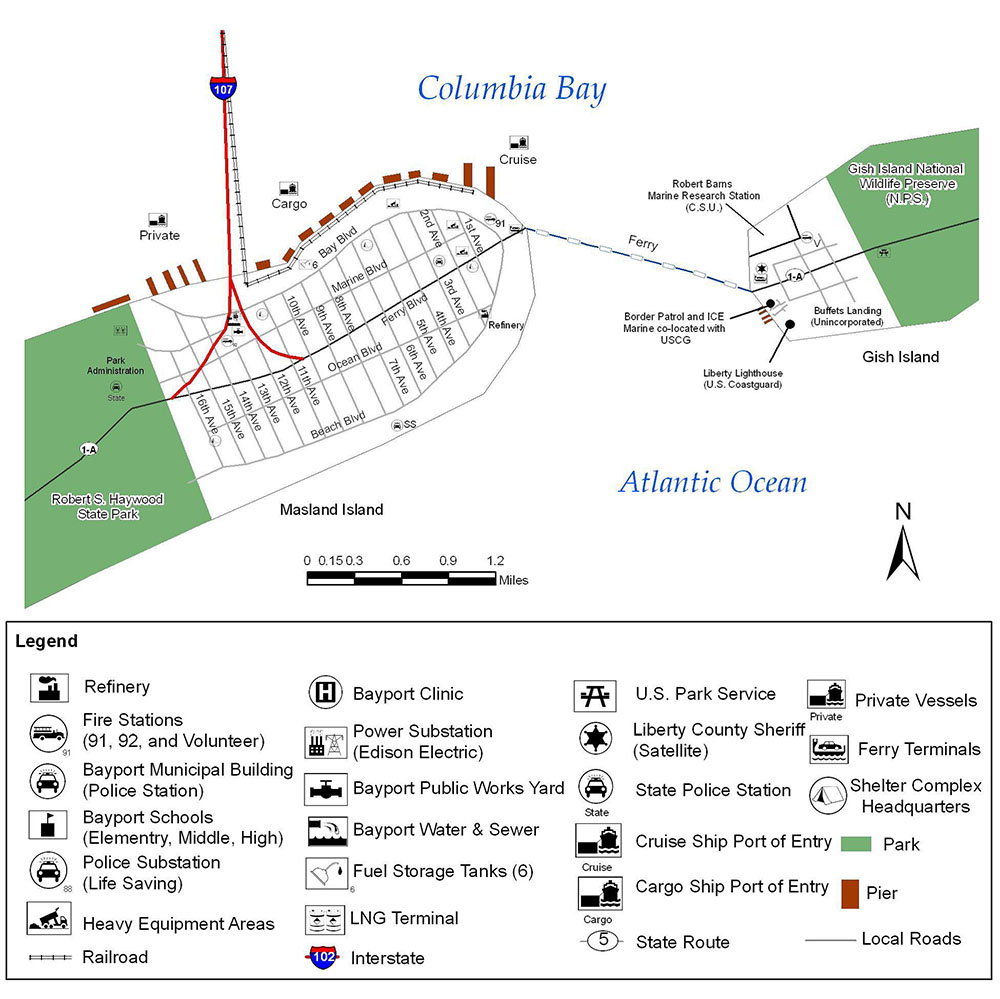 Example map of fictitious Buffets Landing (Unincorporated), City of Bayport showing locations of the refinery, fire stations, police station, schools, ports of entry, railroads, hospitals, parks, and piers.