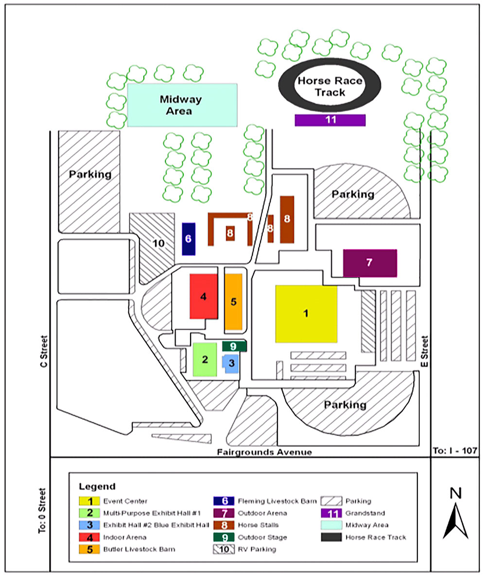 Layout of fictitious Liberty County Fairgrounds showing buildings 1-11 locations (event center, exhibit halls, indoor arena, livestock barns, outdoor arena, horse stalls, outdoor stage, and grandstand) , parking, midway area, and horse race track.