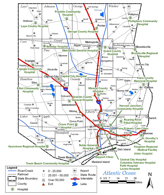 Example Map of fictitious State of Columbia showing Rivers/Creeks; Railroads; State Boundary, County Boundaries, Hospitals, Airports, State Routes, Interstates, and Lakes. There are 26 hospitals located in the State of Columbia.