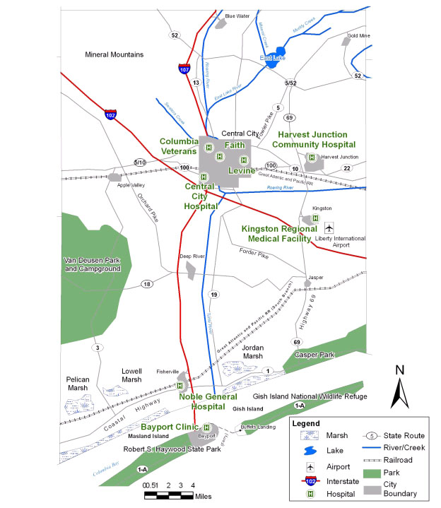 Example Map of fictitious Liberty County showing Marshes; Lakes; Airports; Interstates; Hospitals; State Routes; Rivers/Creeks; Railroads; Parks; City Boundaries.