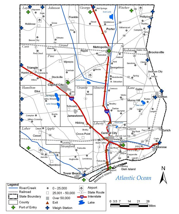 Fictitious map of State of Columbia.  Map shows: River/Creek; Railroads; State Boundary; County; Ports of Entry; 0-25,000; 25,001 - 50,000; Over 50,000; Exits; Weigh Stations; Airports; State Routes; Interstates; Lakes.