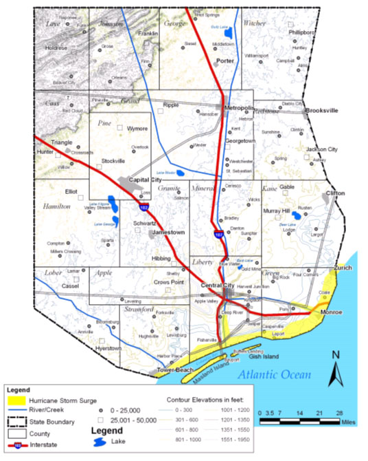 Fictitious map of State of Columbia.  Map shows: River/Creek; Railroads; State Boundary; County; Interstates; Lakes; and Hurricane Storm Surge on Southern Columbia affecting the areas of Zurich, Monroe, LaPort, Tower Beach, and Masland Island.