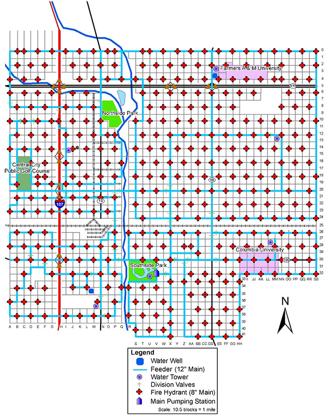 Example map of fictitious Central City showing the water main. The map is showing: water wells, feeders (12” main), water towers, division valves, fire hydrants (8” main), and main pumping station.