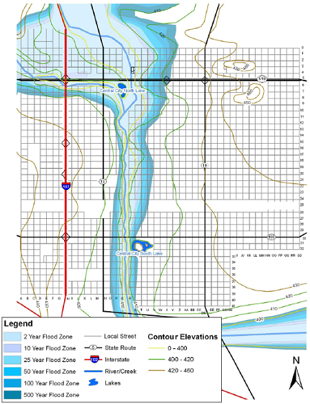 A flood zone map laid out on a grid showing the locations of transportation routes, and contour elevations.