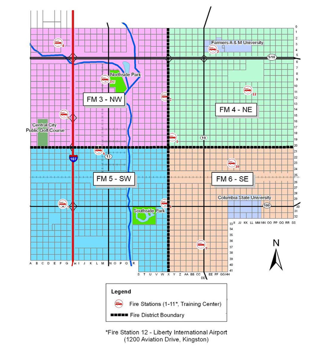 Example map of Central City Fire Marshal Quadrants. Shown is: Fire Stations (1-11*, Training Center); Fire District Boundary. *Fire Station 12 - Liberty International Airport (1200 Aviation Drive, Kingston). 4 quadrants are marked as: FM 3 - NW; FM 4 - NE; FM 6 - SE; FM 5 - SW.