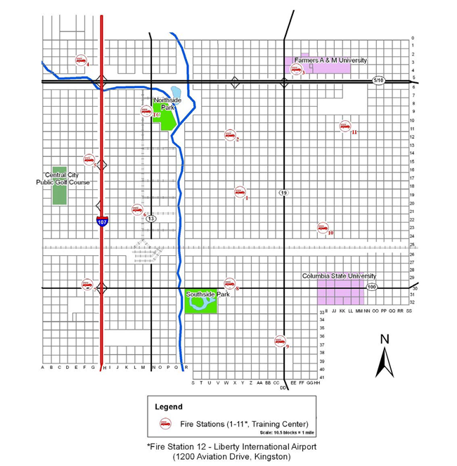 Central City Fire Stations Map showing fire stations (1-11* Training Center). *Fire station 12 - Liberty International Airport (1200 Aviation Drive, Kingston).