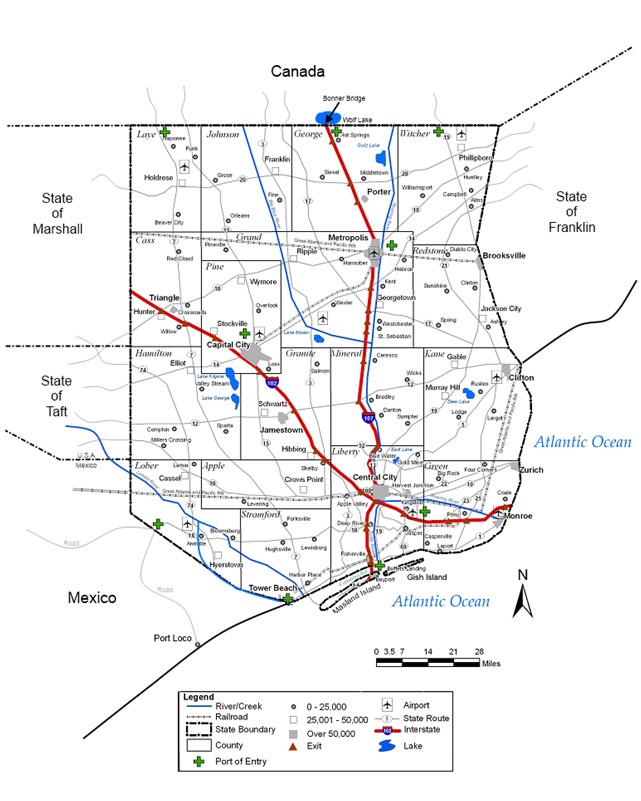 Example Map of fictitious State of Columbia showing Rivers/Creeks; Railroads; State Boundary; County, Port of Entry; Airports; State Routes; Interstates; and Lakes.