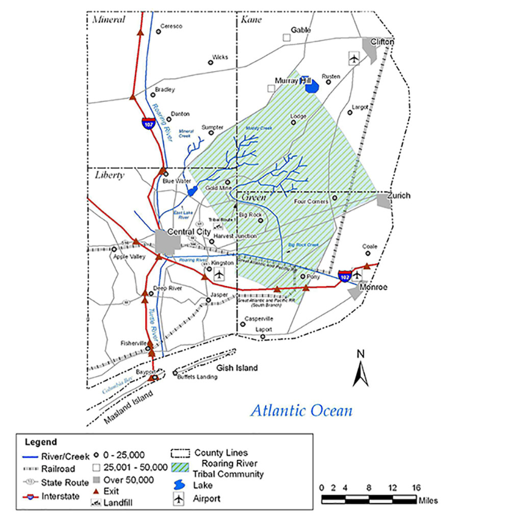 Example Map of fictitious Roaring River Tribal Community showing Lakes; Airports; Interstates; State Routes; Rivers/Creeks; Railroads; Parks; County Boundaries.