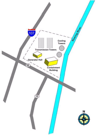 Diagram of fictitious Blue Water Nuclear Generator Facility. The diagram is showing: the containment structure, the generator hall, and the cooling towers, and the power transmission towers.