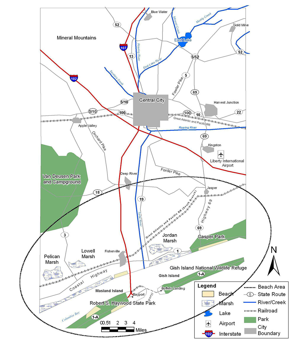 Example Map of fictitious Liberty County highlighting the Marsh and Beach areas.