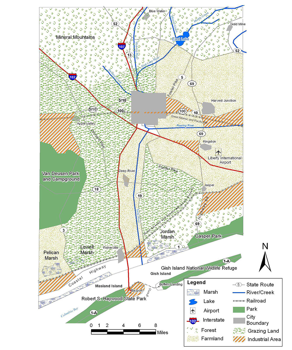 Example Map of fictitious Liberty County highlighting how the land is used including forests, marshes, lakes, farmland, parks, grazing land, and industrial areas.
