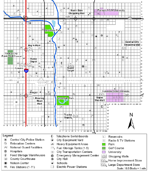 Example map of fictitious Central City showing rivers, roads, parks, universities, golf course, railroad tracks, schools, fire and police stations, warehouses, hospitals, power/phone stations, Radio/TV stations, government buildings.