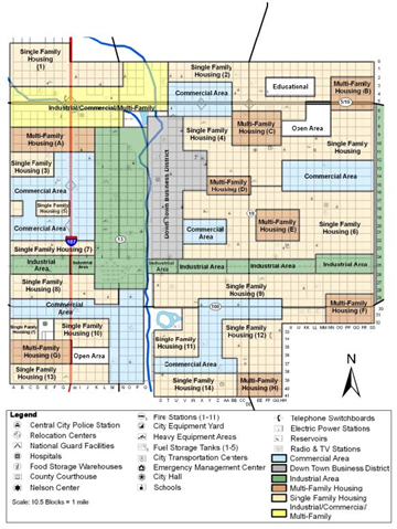 Example map of fictitious Central City showing the city’s land use including Commercial Areas, Down Town Business District, Industrial Areas, Multi-Family Housing, Single Family Housing, and Industrial/Commercial/Multi-Family.