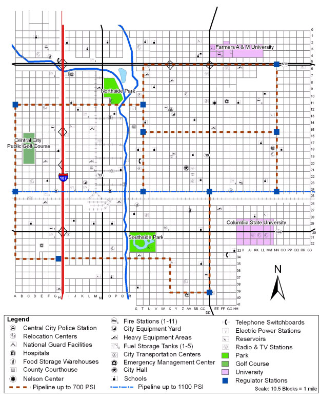 Example map of fictitious Central City. The map is showing: pipelines up to 700 psi, pipelines up to 1100 psi, and regulator stations.