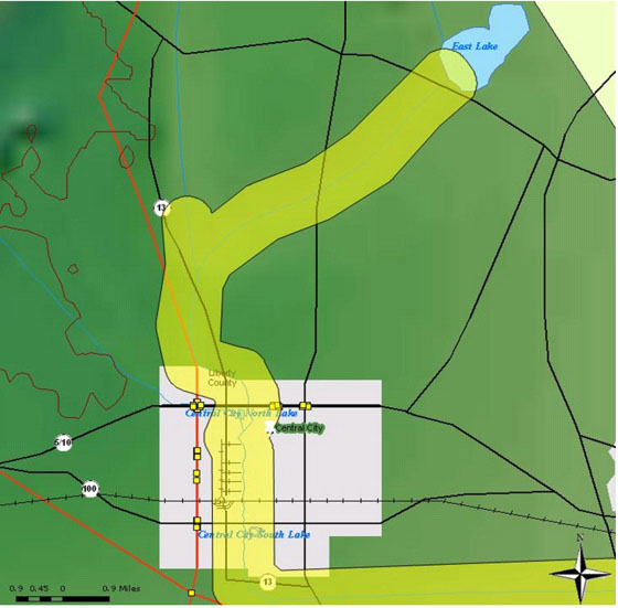 Example diagram of fictitious Liberty County. The diagram is showing the flow of flooding caused by a catastrophic failure of East Lake Dam.