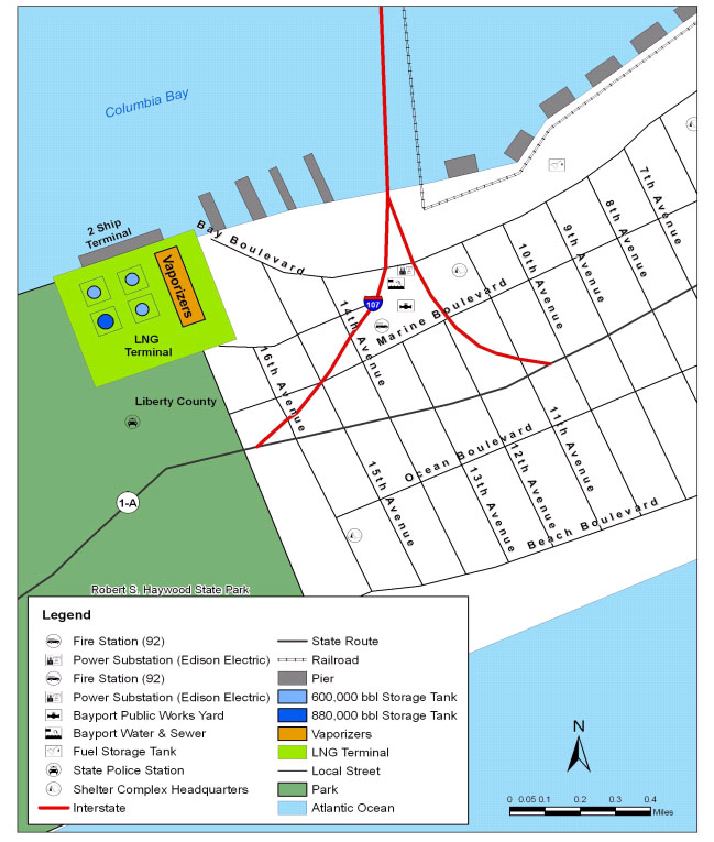 Example map of fictitious Masland Island LNG Terminal. The example map is showing the location of Piers; 600,000 and 880,000 Storage Tanks; Vaporizers; LNG Terminal; and the Atlantic Ocean.