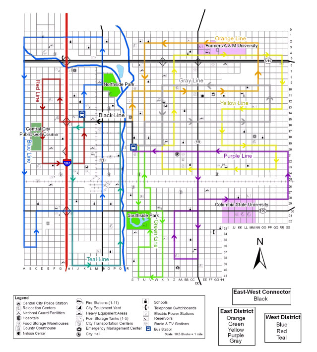 Example Map of fictitious Central City showing the bus routes. East-West Connector is the black line. East District: Orange, Green Yellow, Purple, and Gray lines. West District: Blue, Red, and Teal lines.