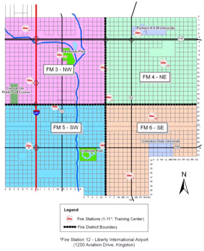 A map of the fictitious Central City showing locations of the city’s Fire Marshal Quadrants. Northwest is Fire Marshal 3; Northeast is Fire Marshal 4; Southwest is Fire Marshal 5; and Southeast is Fire Marshal 6.