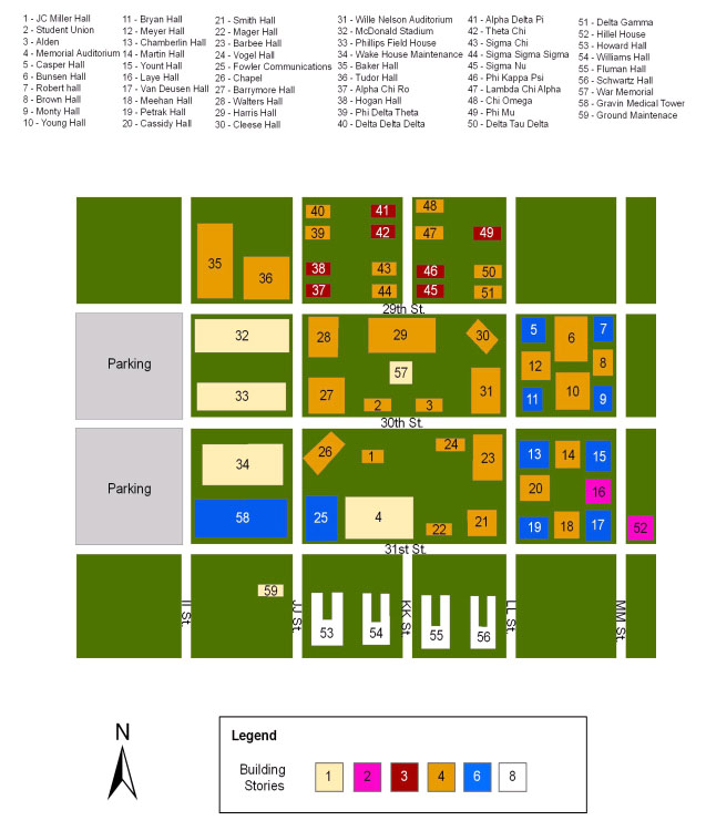Columbia State University Map showing building locations and the building stories of each building. Refer to Tables Q.5 through Q.9 for the location on map, name, stories, number of students, and address of each building.