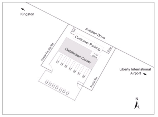 Diagram of the Liberty County Regional Postal Facility. The diagrams shows: Customer Parking, Entrance and Exit; the Post Office; the Distribution Center; truck parking; and mail carrier parking.