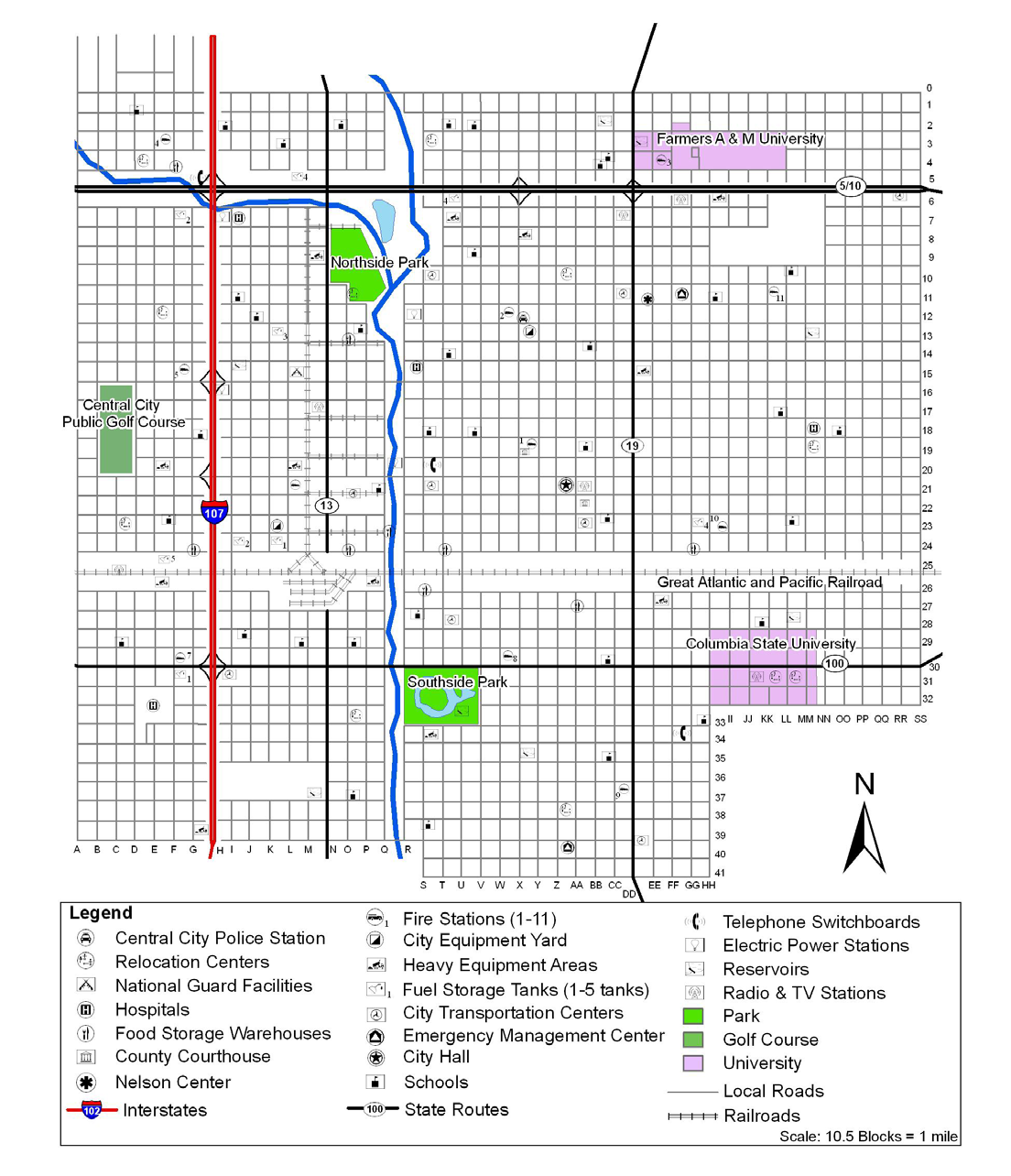 Example map of ficticious Central City showing rivers, roads, parks, universities, golf course, and railroad tracks.